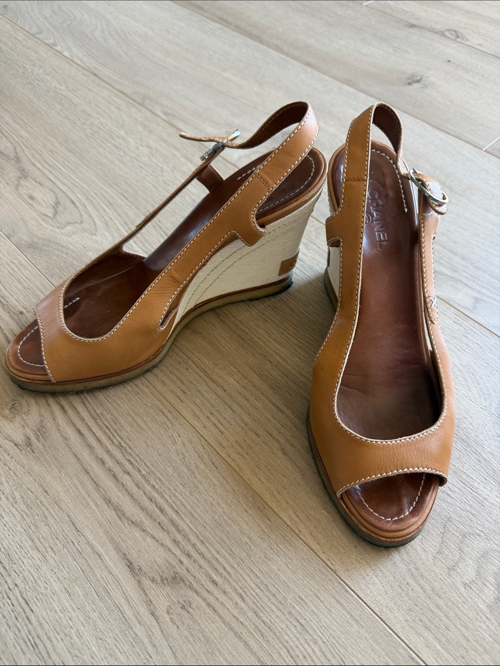 Authentic Chanel Tan Leather Slingback Wedge Sandals